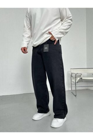 Erkek Siyah Baggy Skater Rahat Kalıp Kot Pantolon Siyah - L