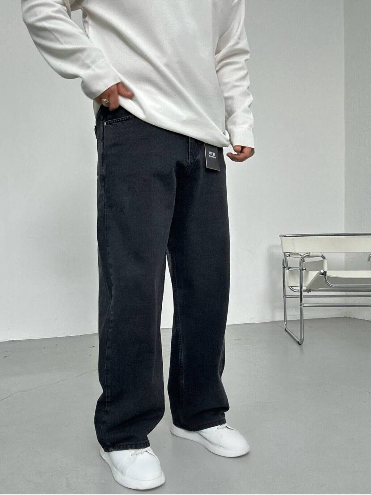 Erkek Siyah Baggy Skater Rahat Kalıp Kot Pantolon Siyah - L