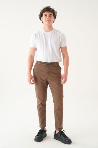 Likralı İpli Gabardin Kumaş | Slim Fit Erkek Pantolon Taba - L