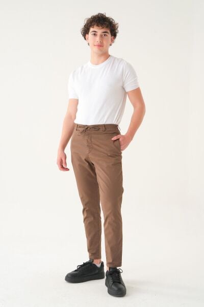 Likralı İpli Gabardin Kumaş | Slim Fit Erkek Pantolon Taba - XL