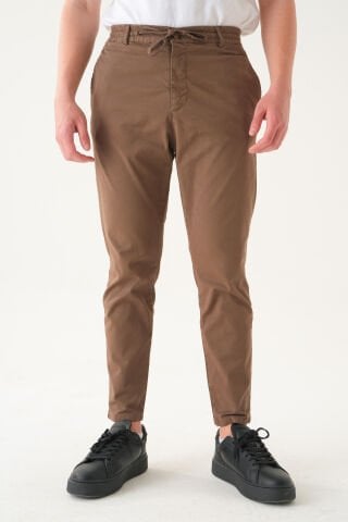 Likralı İpli Gabardin Kumaş | Slim Fit Erkek Pantolon Taba - XL