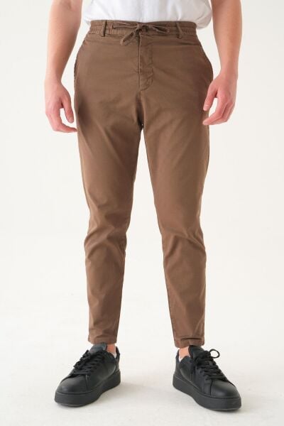Likralı İpli Gabardin Kumaş | Slim Fit Erkek Pantolon Taba - XL