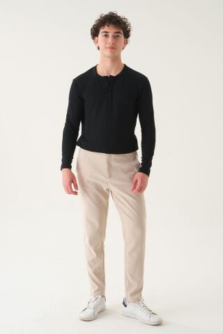 Kemersiz Kumaş | Slim Fit Erkek Pantolon Bej - L
