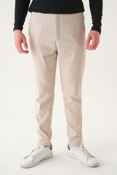 Kemersiz Kumaş | Slim Fit Erkek Pantolon Bej - XL
