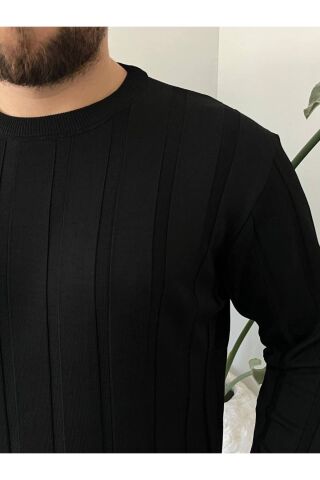 Erkek Bisiklet Yaka Yarım Oversize Geniş Kendinden Çizgili Triko Kazak Siyah - XL