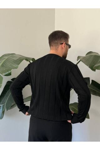 Erkek Bisiklet Yaka Yarım Oversize Geniş Kendinden Çizgili Triko Kazak Siyah - S