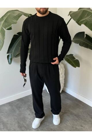 Erkek Bisiklet Yaka Yarım Oversize Geniş Kendinden Çizgili Triko Kazak Siyah - S