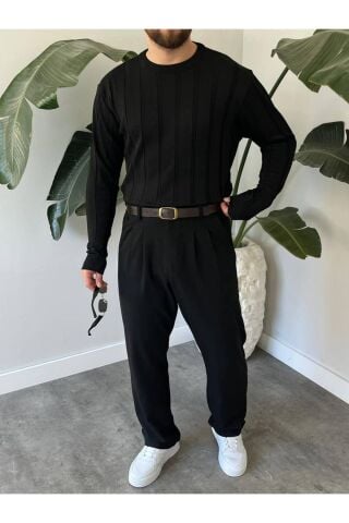 Erkek Bisiklet Yaka Yarım Oversize Geniş Kendinden Çizgili Triko Kazak Siyah - S