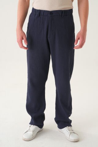 Lastikli Bel Gofre Kumaş | Bol Kesim Erkek Pantolon Laci̇vert - S