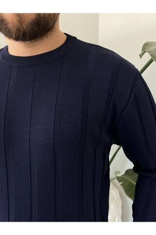 Erkek Bisiklet Yaka Yarım Oversize Geniş Kendinden Çizgili Triko Kazak Lacivert - L