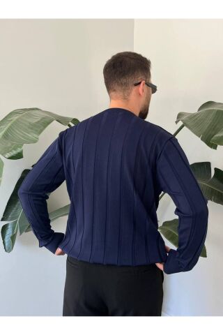 Erkek Bisiklet Yaka Yarım Oversize Geniş Kendinden Çizgili Triko Kazak Lacivert - L