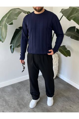 Erkek Bisiklet Yaka Yarım Oversize Geniş Kendinden Çizgili Triko Kazak Lacivert - L