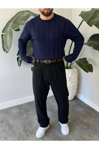 Erkek Bisiklet Yaka Yarım Oversize Geniş Kendinden Çizgili Triko Kazak Lacivert - L