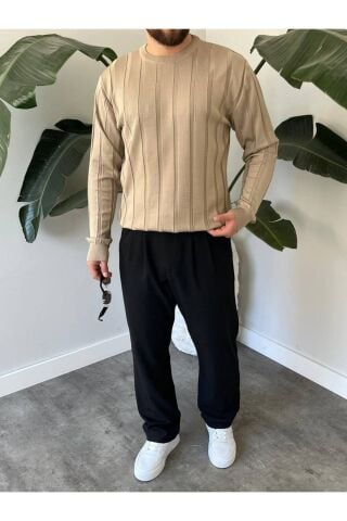 Erkek Bisiklet Yaka Yarım Oversize Geniş Kendinden Çizgili Triko Kazak Bej - S