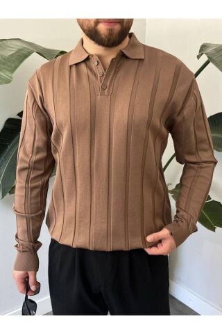 Erkek Polo Yaka Yarım Oversize Geniş Kendinden Çigili Uzun Kollu Triko Kazak Kahverengi - S