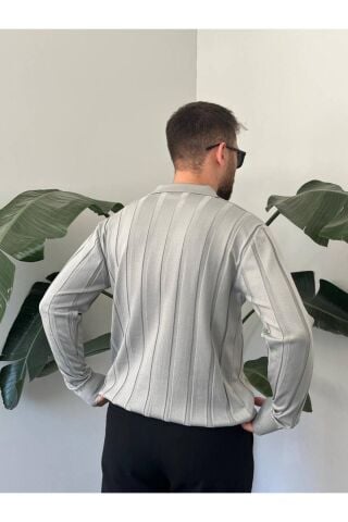 Erkek Polo Yaka Yarım Oversize Geniş Kendinden Çigili Uzun Kollu Triko Kazak Gri - L