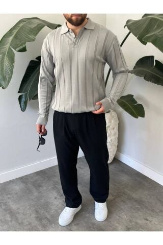 Erkek Polo Yaka Yarım Oversize Geniş Kendinden Çigili Uzun Kollu Triko Kazak Gri - L