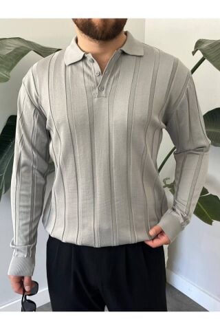 Erkek Polo Yaka Yarım Oversize Geniş Kendinden Çigili Uzun Kollu Triko Kazak Gri - L