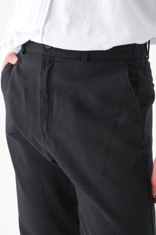 Lastikli Bel Keten | Bol Kesim Erkek Pantolon Siyah - XL