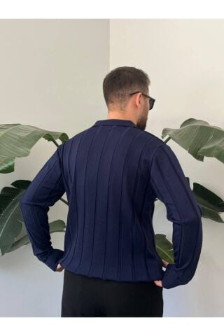 Erkek Polo Yaka Yarım Oversize Geniş Kendinden Çigili Uzun Kollu Triko Kazak Lacivert - S