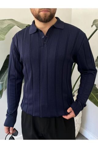 Erkek Polo Yaka Yarım Oversize Geniş Kendinden Çigili Uzun Kollu Triko Kazak Lacivert - S