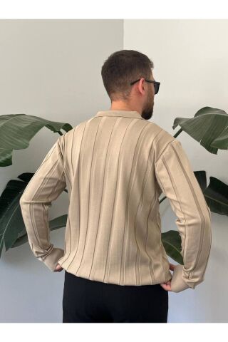 Erkek Polo Yaka Yarım Oversize Geniş Kendinden Çigili Uzun Kollu Triko Kazak Bej - L
