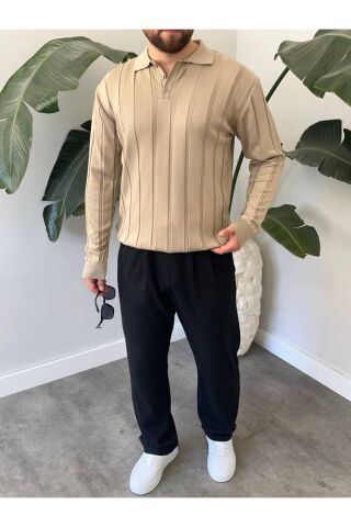 Erkek Polo Yaka Yarım Oversize Geniş Kendinden Çigili Uzun Kollu Triko Kazak Bej - L