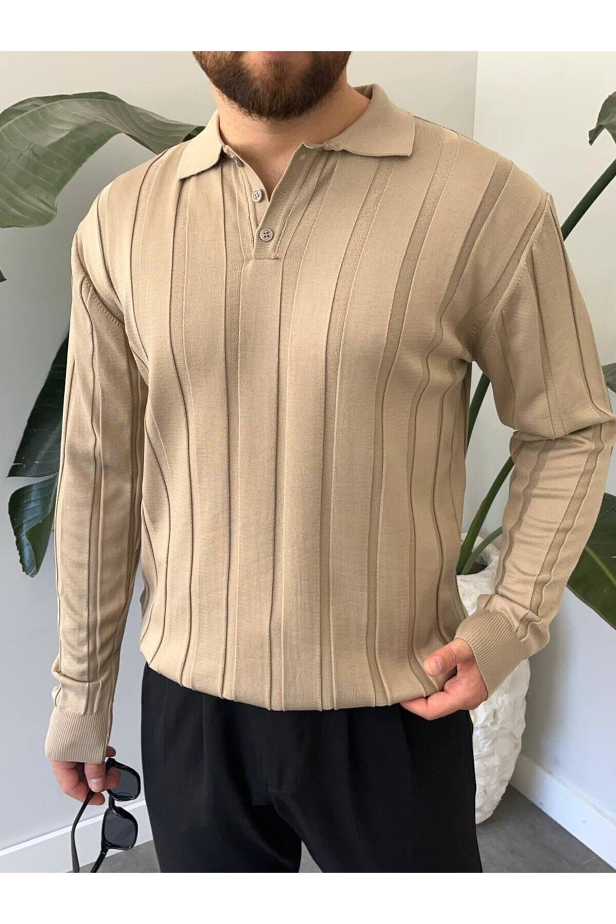 Erkek Polo Yaka Yarım Oversize Geniş Kendinden Çigili Uzun Kollu Triko Kazak Bej - L