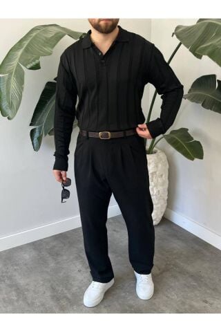 Erkek Polo Yaka Yarım Oversize Geniş Kendinden Çigili Uzun Kollu Triko Kazak Siyah - S