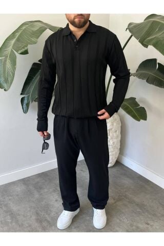 Erkek Polo Yaka Yarım Oversize Geniş Kendinden Çigili Uzun Kollu Triko Kazak Siyah - S