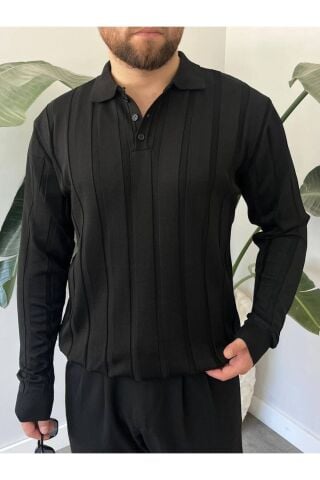 Erkek Polo Yaka Yarım Oversize Geniş Kendinden Çigili Uzun Kollu Triko Kazak Siyah - S