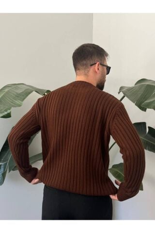 Erkek Oversize Hafifi Bol Triko Kendinden Çizgili Bisiklet Yaka Örme Triko Kazak Kahverengi - XL