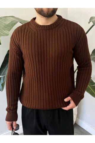 Erkek Oversize Hafifi Bol Triko Kendinden Çizgili Bisiklet Yaka Örme Triko Kazak Kahverengi - XL