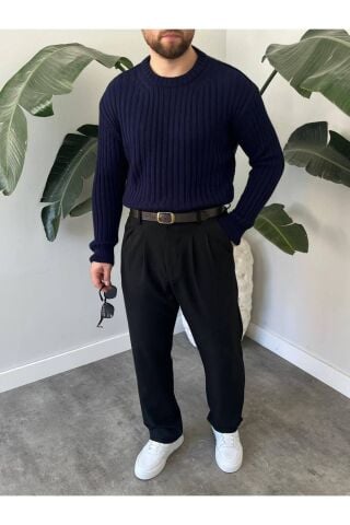 Erkek Oversize Hafifi Bol Triko Kendinden Çizgili Bisiklet Yaka Örme Triko Kazak Lacivert - M
