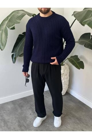 Erkek Oversize Hafifi Bol Triko Kendinden Çizgili Bisiklet Yaka Örme Triko Kazak Lacivert - M