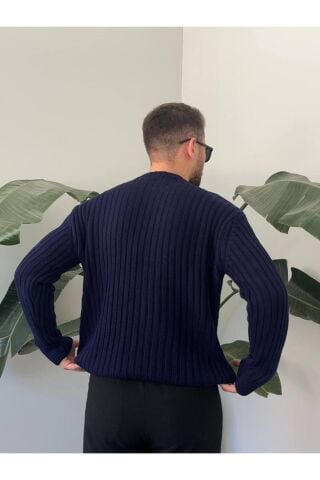 Erkek Oversize Hafifi Bol Triko Kendinden Çizgili Bisiklet Yaka Örme Triko Kazak Lacivert - L