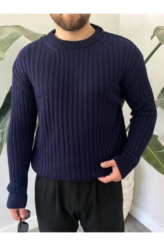 Erkek Oversize Hafifi Bol Triko Kendinden Çizgili Bisiklet Yaka Örme Triko Kazak Lacivert - L