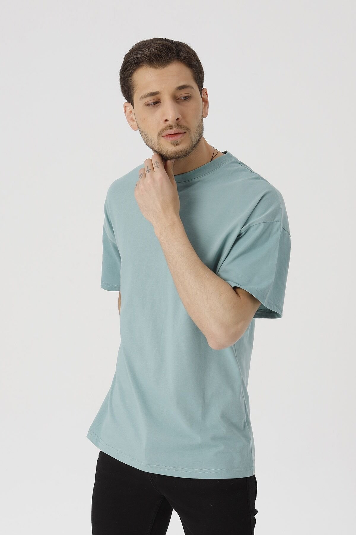 Oversize Unisex Siyah Basic T-shirt Mint Yeşil - M