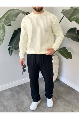 Erkek Oversize Hafifi Bol Triko Kendinden Çizgili Bisiklet Yaka Örme Triko Kazak Beyaz - M