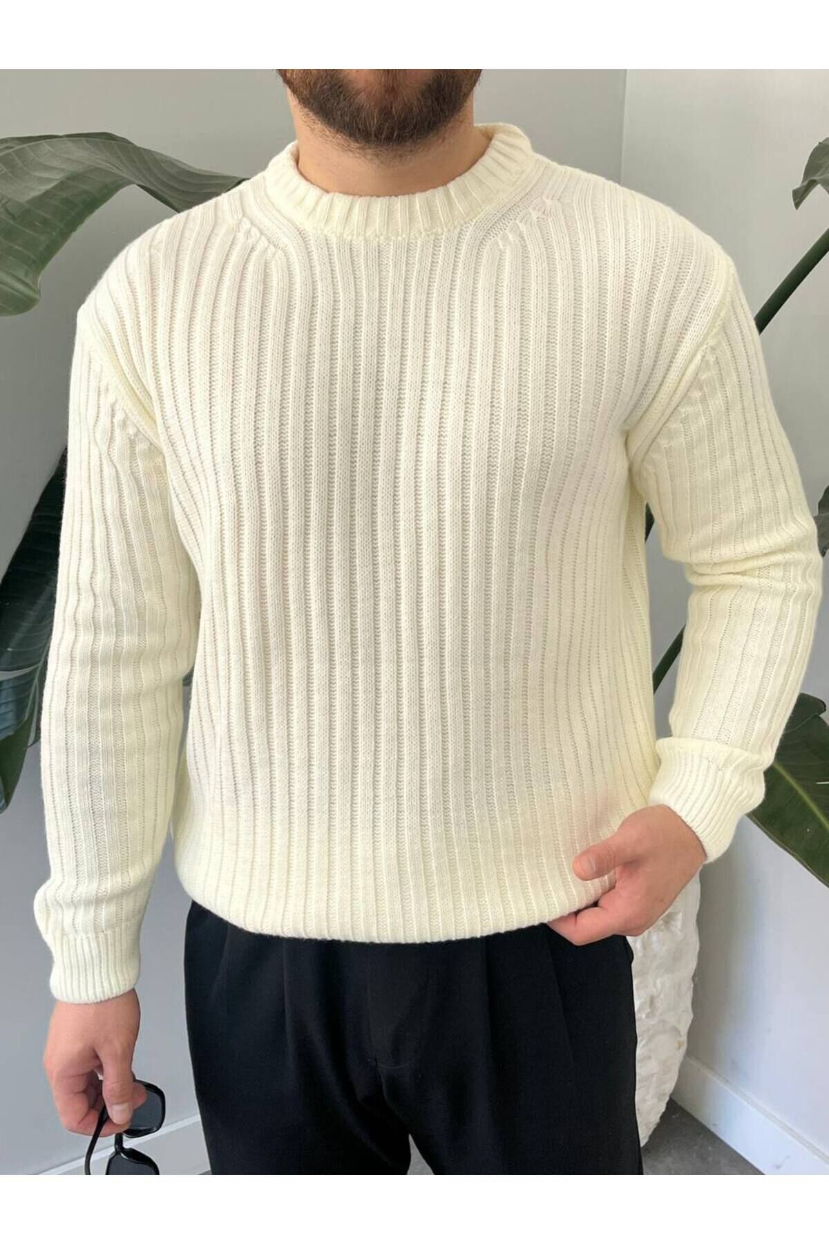 Erkek Oversize Hafifi Bol Triko Kendinden Çizgili Bisiklet Yaka Örme Triko Kazak Beyaz - M