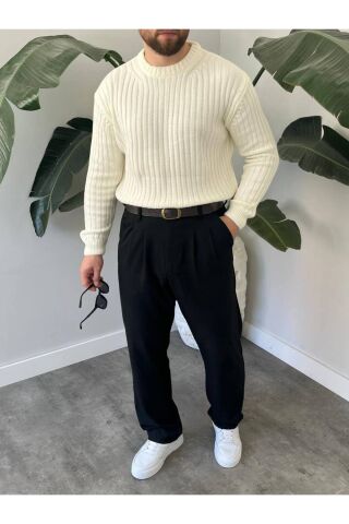 Erkek Oversize Hafifi Bol Triko Kendinden Çizgili Bisiklet Yaka Örme Triko Kazak Beyaz - S