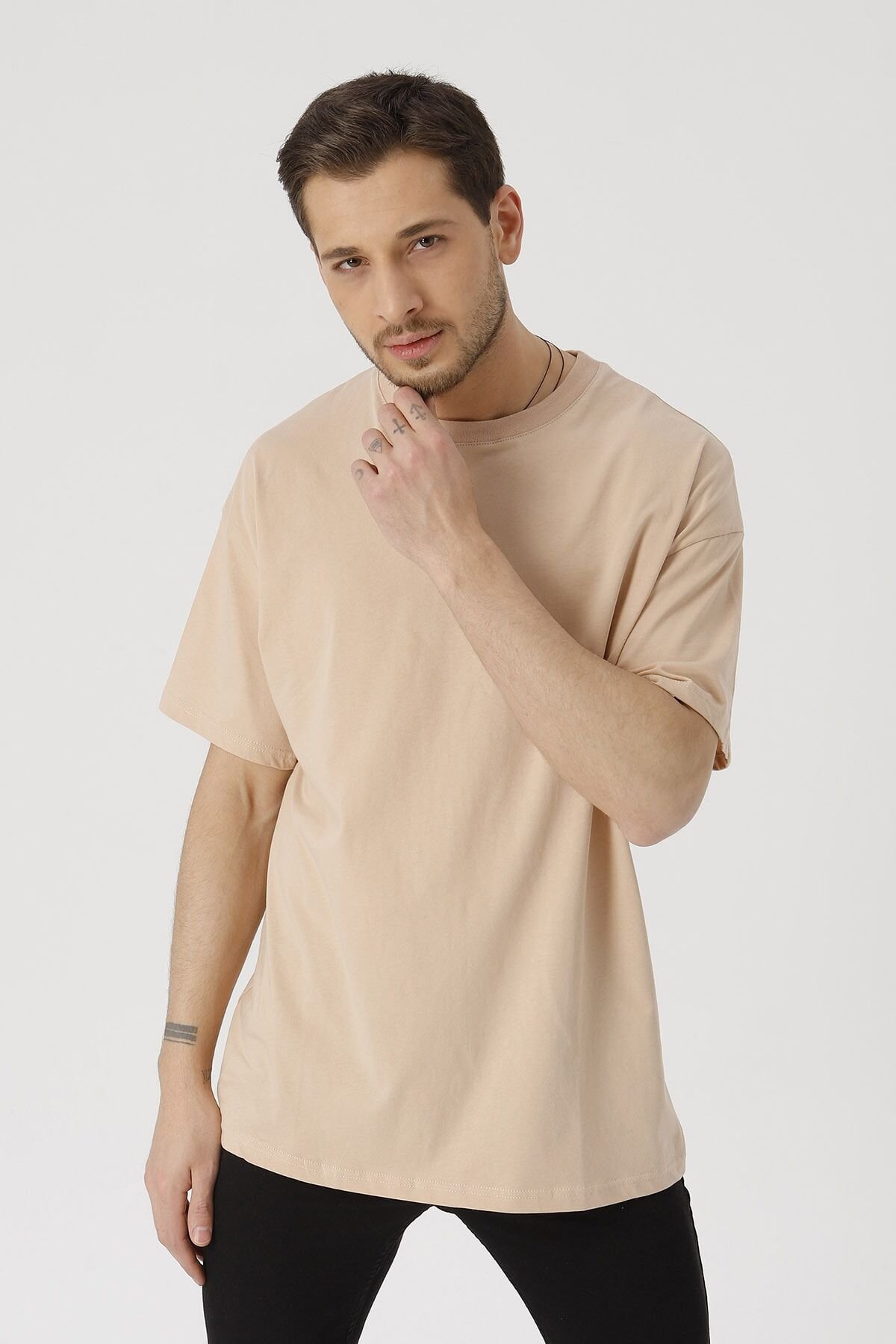 Oversize Unisex Siyah Basic T-shirt Açık Somon - M