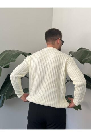 Erkek Oversize Hafifi Bol Triko Kendinden Çizgili Bisiklet Yaka Örme Triko Kazak Beyaz - XL