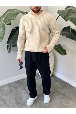 Erkek Oversize Hafifi Bol Triko Kendinden Çizgili Bisiklet Yaka Örme Triko Kazak Bej - S
