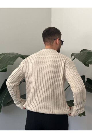 Erkek Oversize Hafifi Bol Triko Kendinden Çizgili Bisiklet Yaka Örme Triko Kazak Bej - 2XL