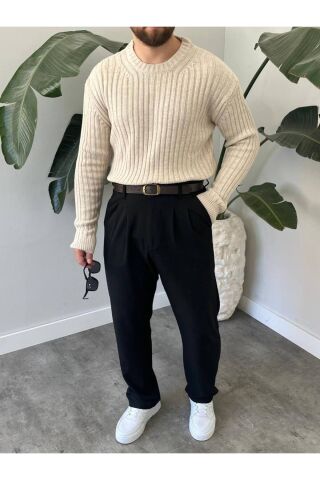 Erkek Oversize Hafifi Bol Triko Kendinden Çizgili Bisiklet Yaka Örme Triko Kazak Bej - 2XL