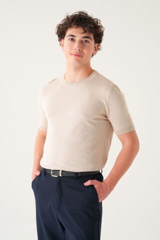 Regular Fit T-shirt | Triko Casual Erkek Krem - L