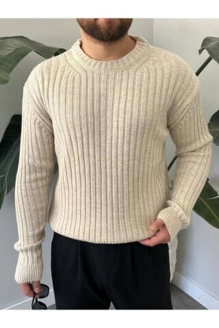 Erkek Oversize Hafifi Bol Triko Kendinden Çizgili Bisiklet Yaka Örme Triko Kazak Bej - XL