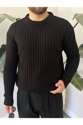 Erkek Oversize Hafifi Bol Triko Kendinden Çizgili Bisiklet Yaka Örme Triko Kazak Siyah - L