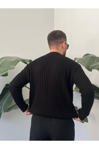 Erkek Oversize Hafifi Bol Triko Kendinden Çizgili Bisiklet Yaka Örme Triko Kazak Siyah - S